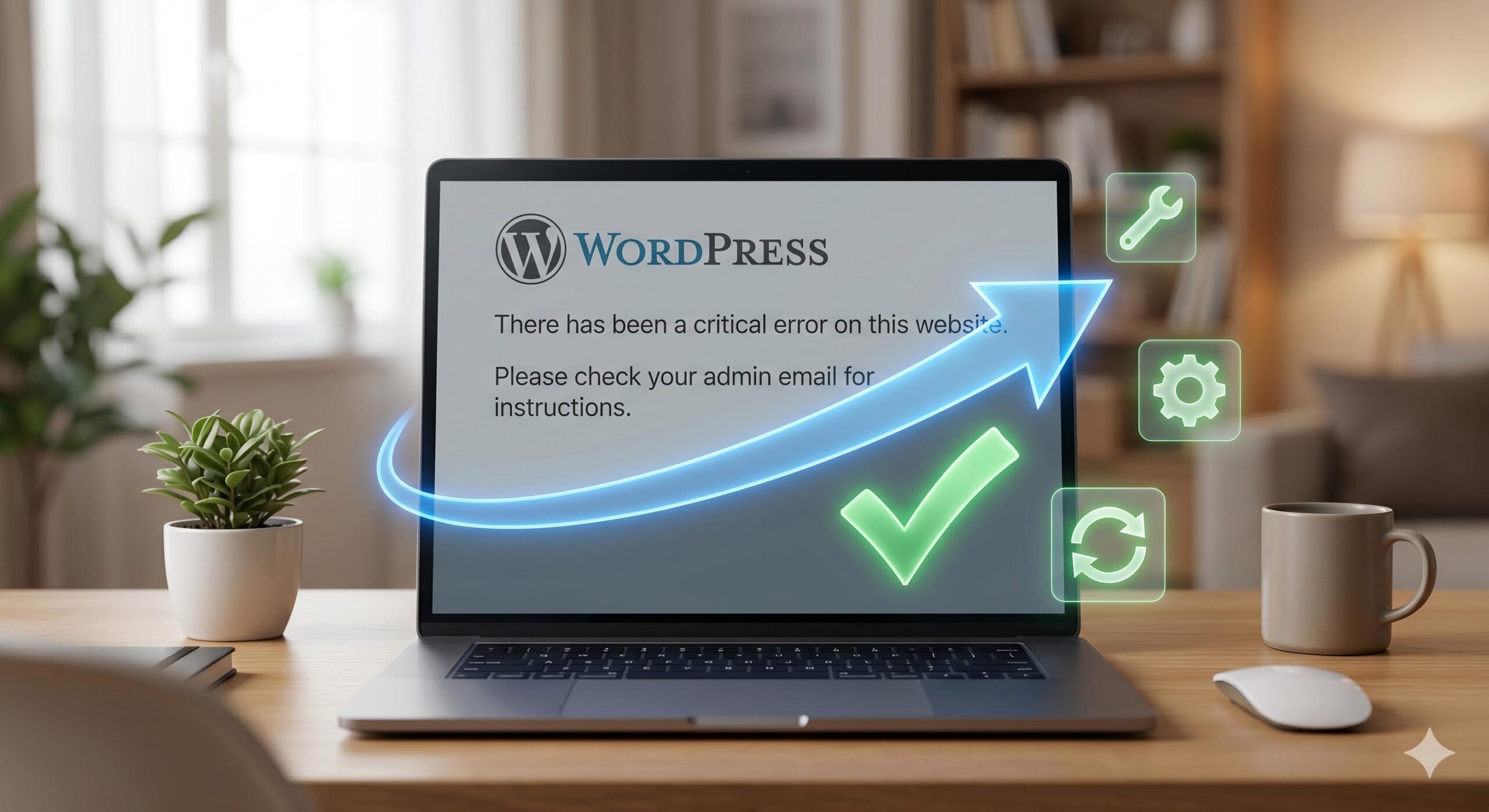 Floating gears and a glowing arrow fixing a WordPress critical error on a laptop screen.