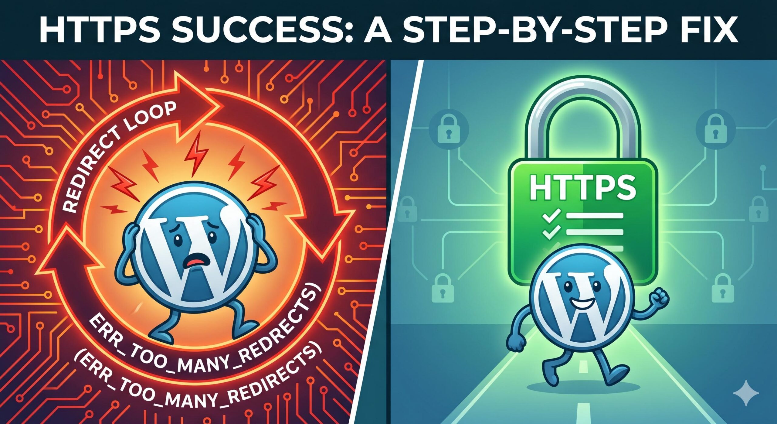 Frustrated WordPress logo in a red redirect loop vs. a happy logo under a secure green HTTPS padlock