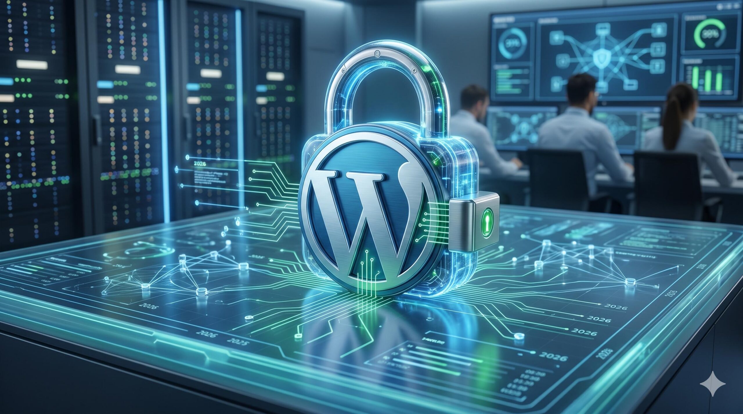 Futuristic WordPress logo secured by a digital padlock and 2026 data stream.