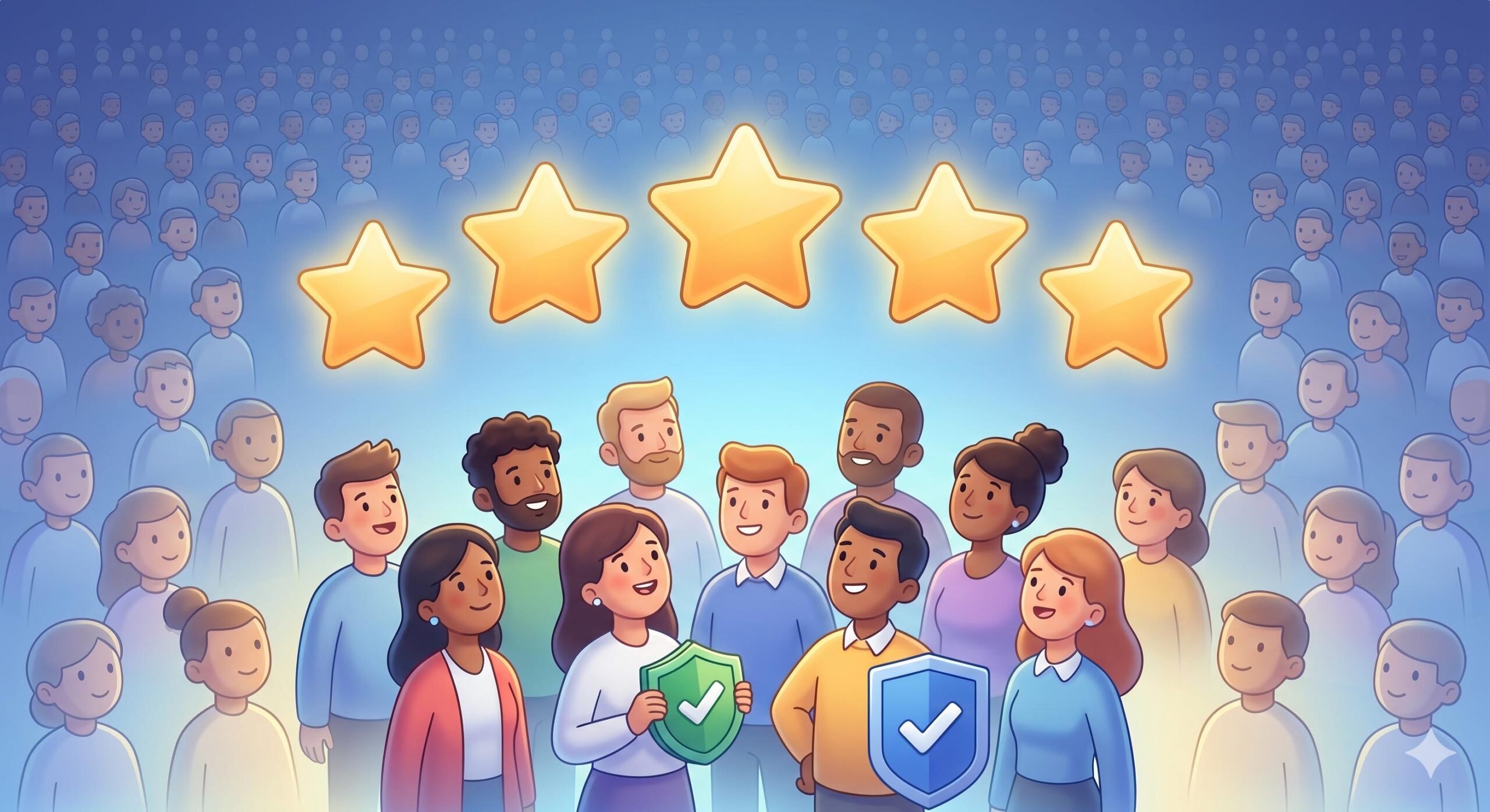 Glowing five-star rating icons above a cheerful community of diverse WordPress user avatars.