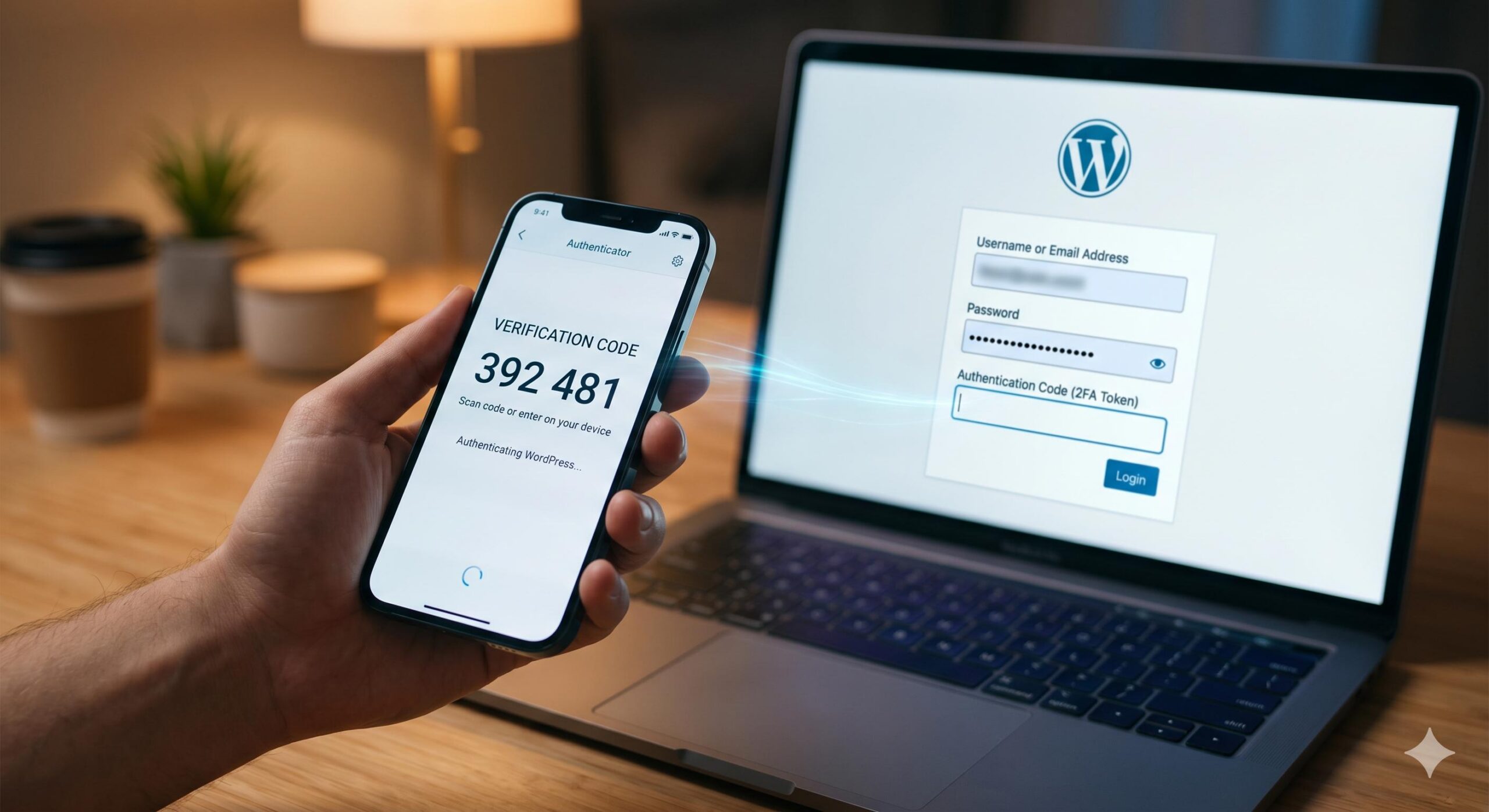 Illustration of two-factor authentication showing a smartphone code and WordPress login screen.