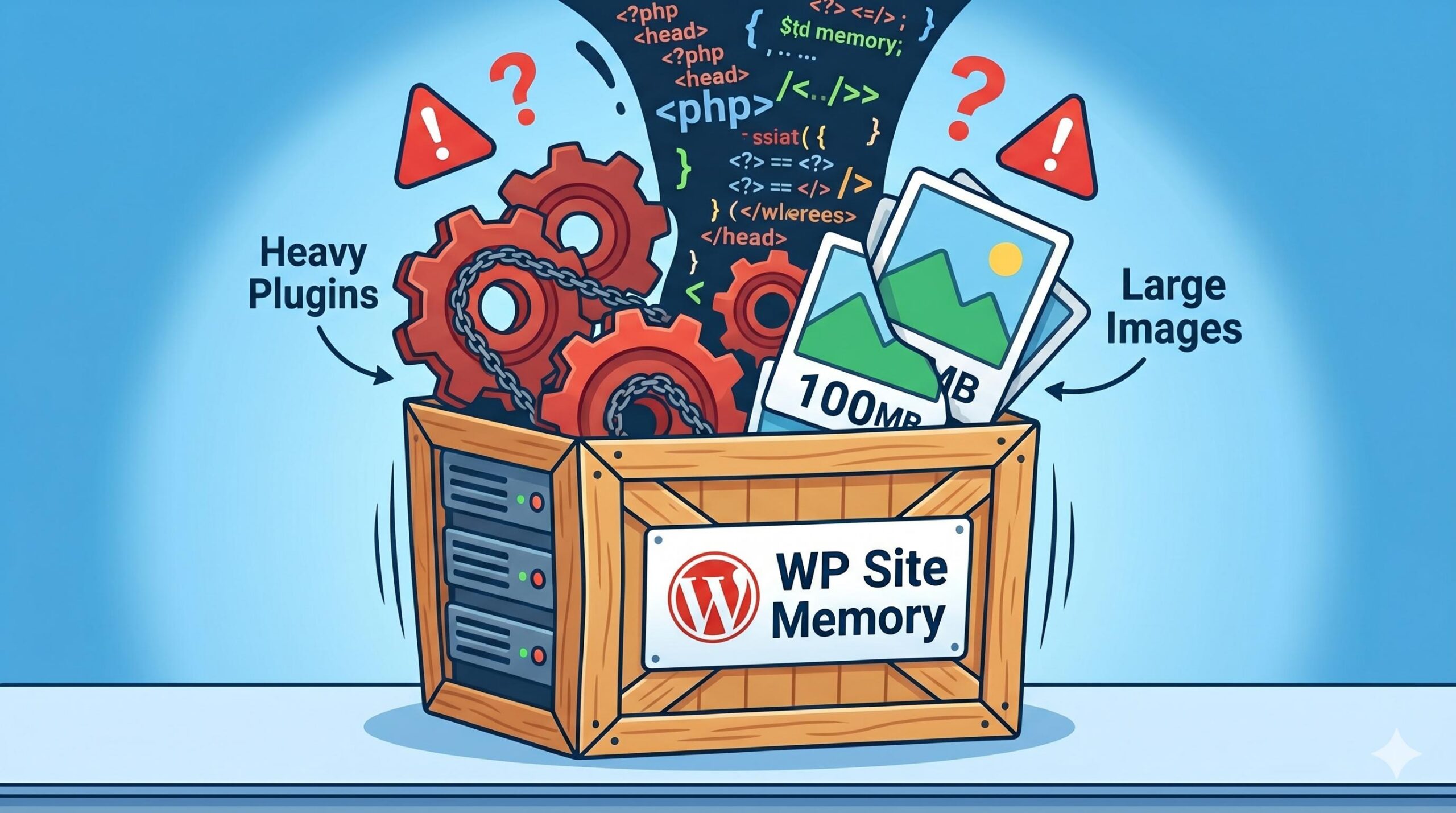 Illustration showing a WordPress server overloaded by memory-intensive plugins and tasks.