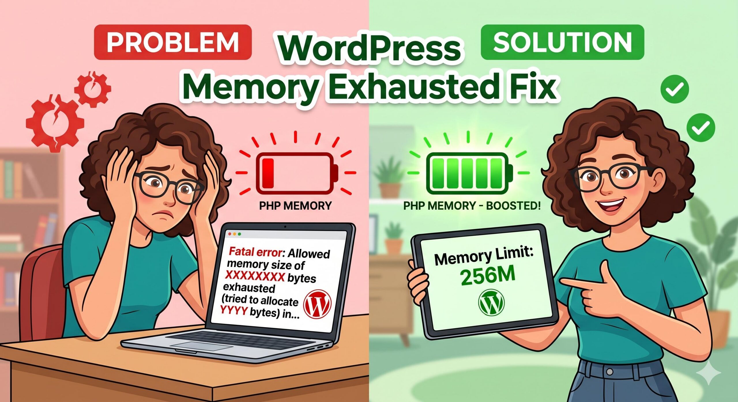 Illustration showing a WordPress user encountering the memory exhausted error and then fixing it.