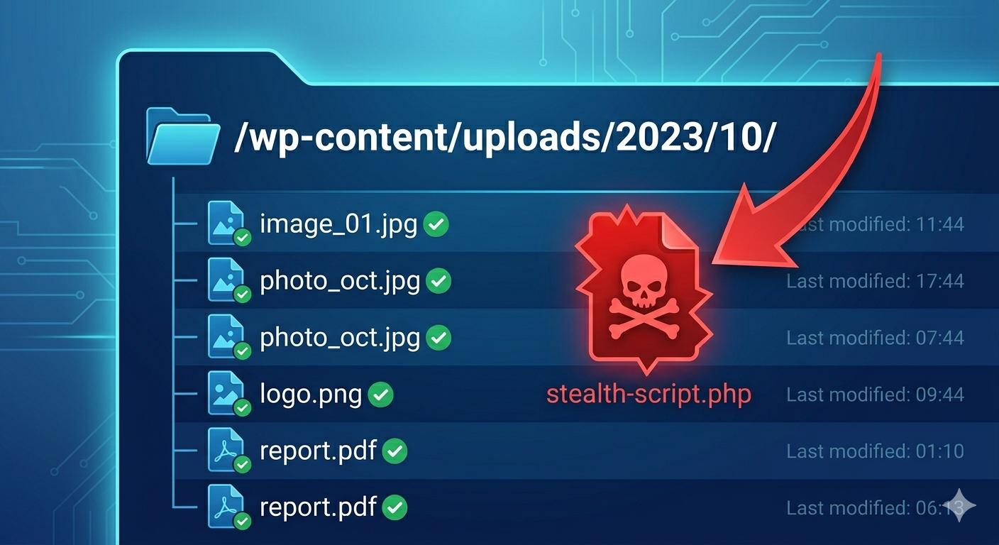 Illustration showing a red malicious PHP script hiding inside the media uploads folder.