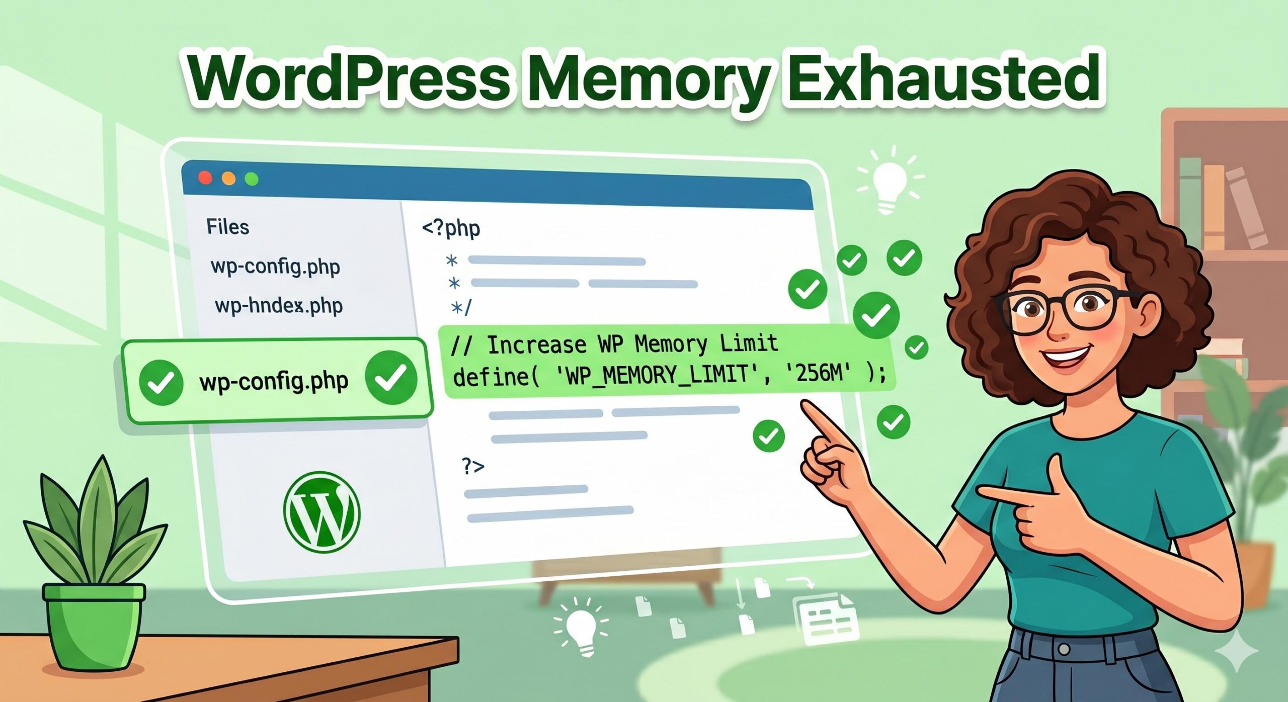 Illustration showing how to edit the wp-config.php file to apply the WordPress memory exhausted fix.