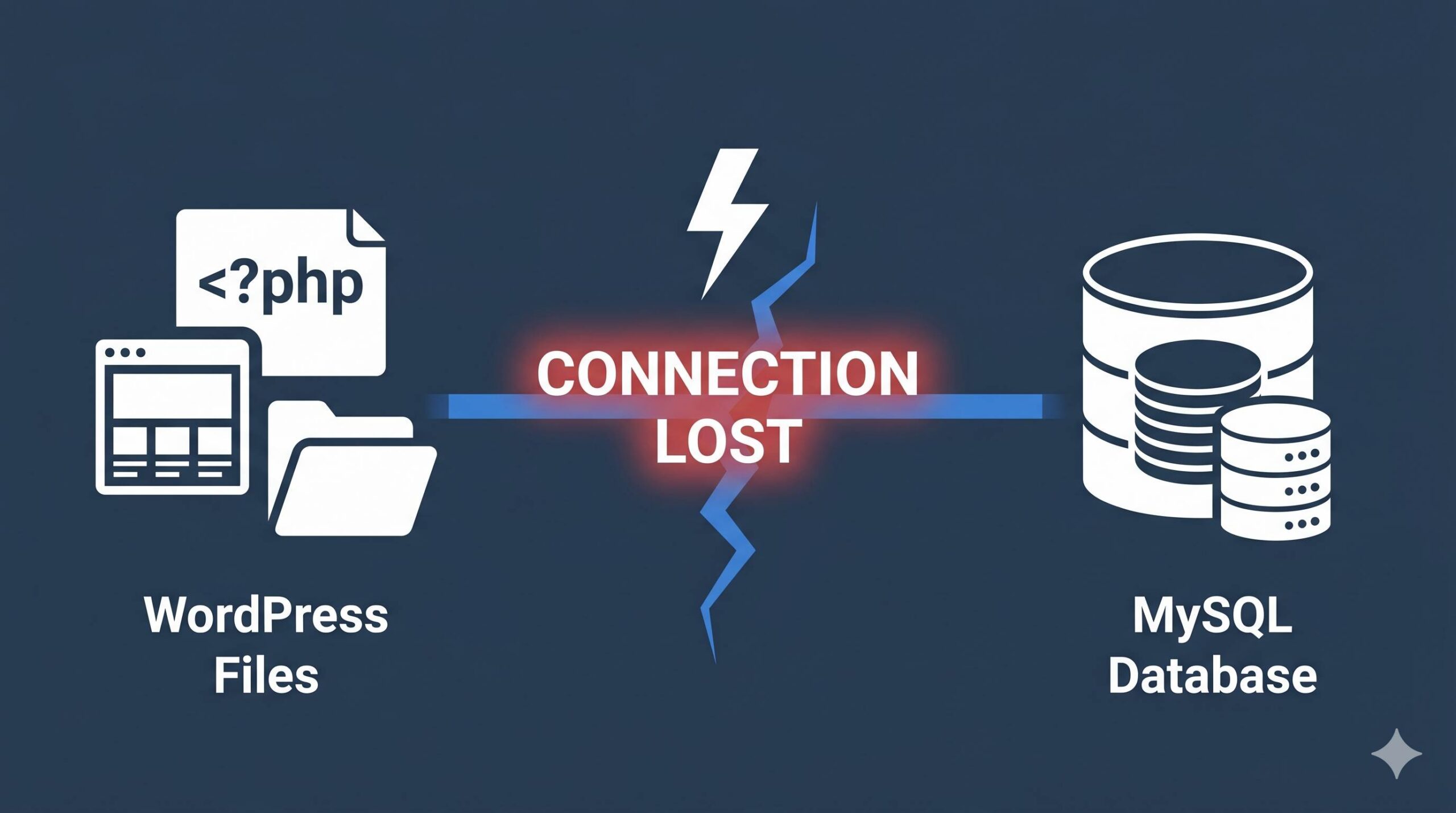 Infographic showing broken connection between WordPress files and MySQL database.