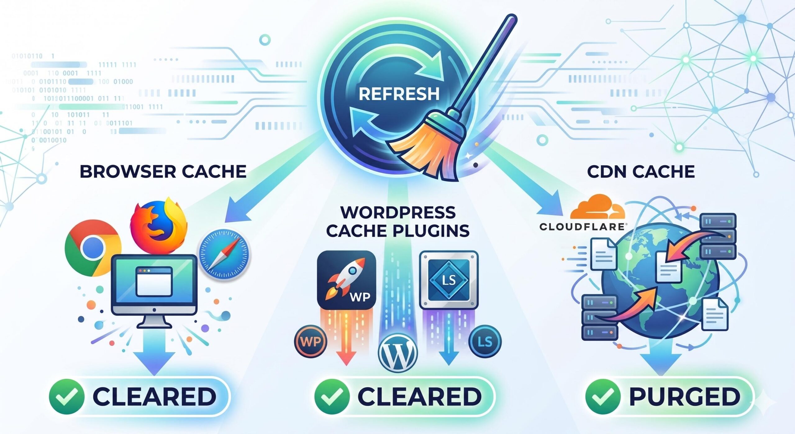 Infographic showing browser, plugin, and CDN cache being cleared.