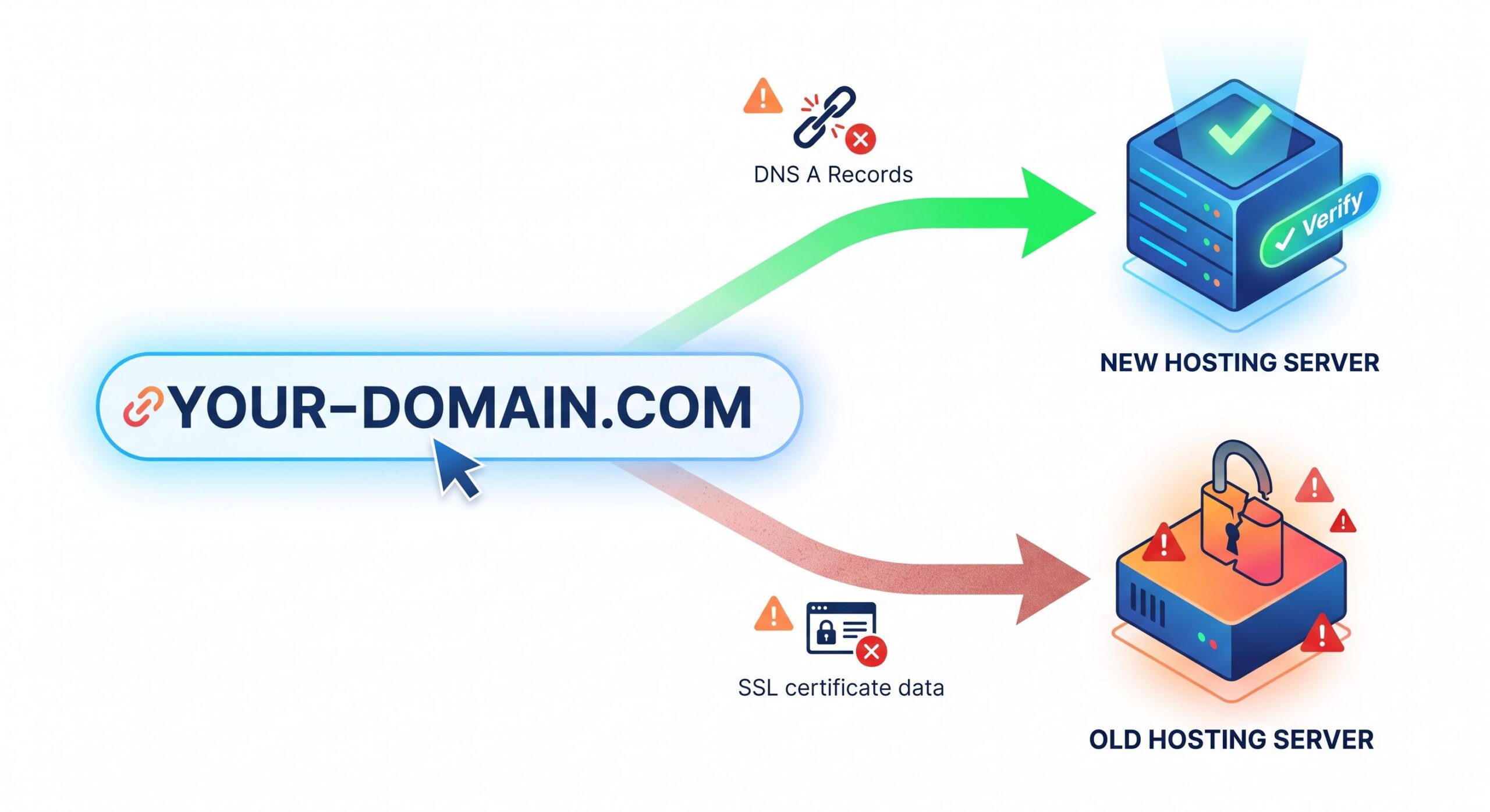 Infographic showing how a domain transfer creates a mismatch between DNS records and a new SSL certificate.