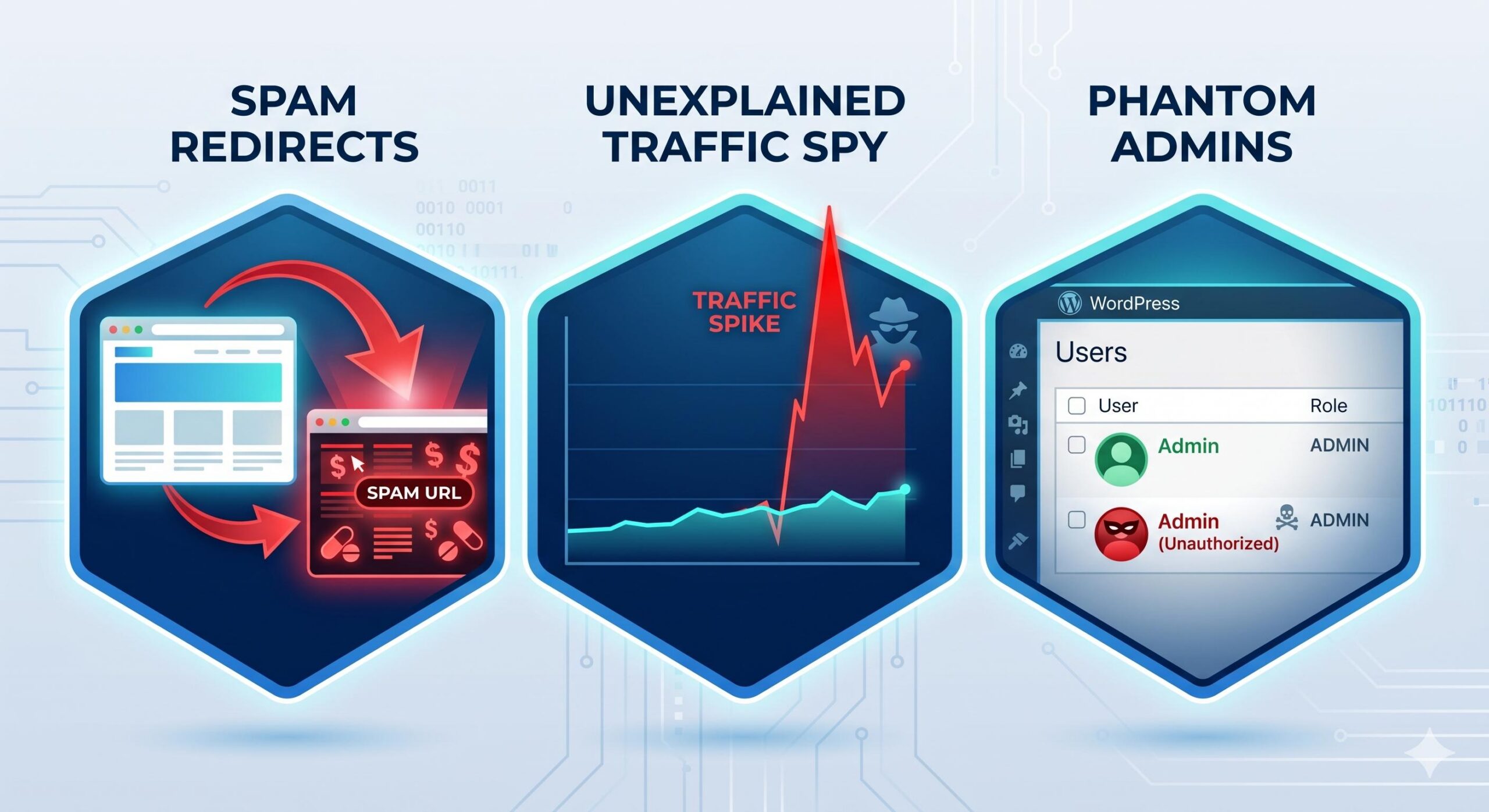 Infographic showing spam redirects, traffic spikes, and phantom user indicators.