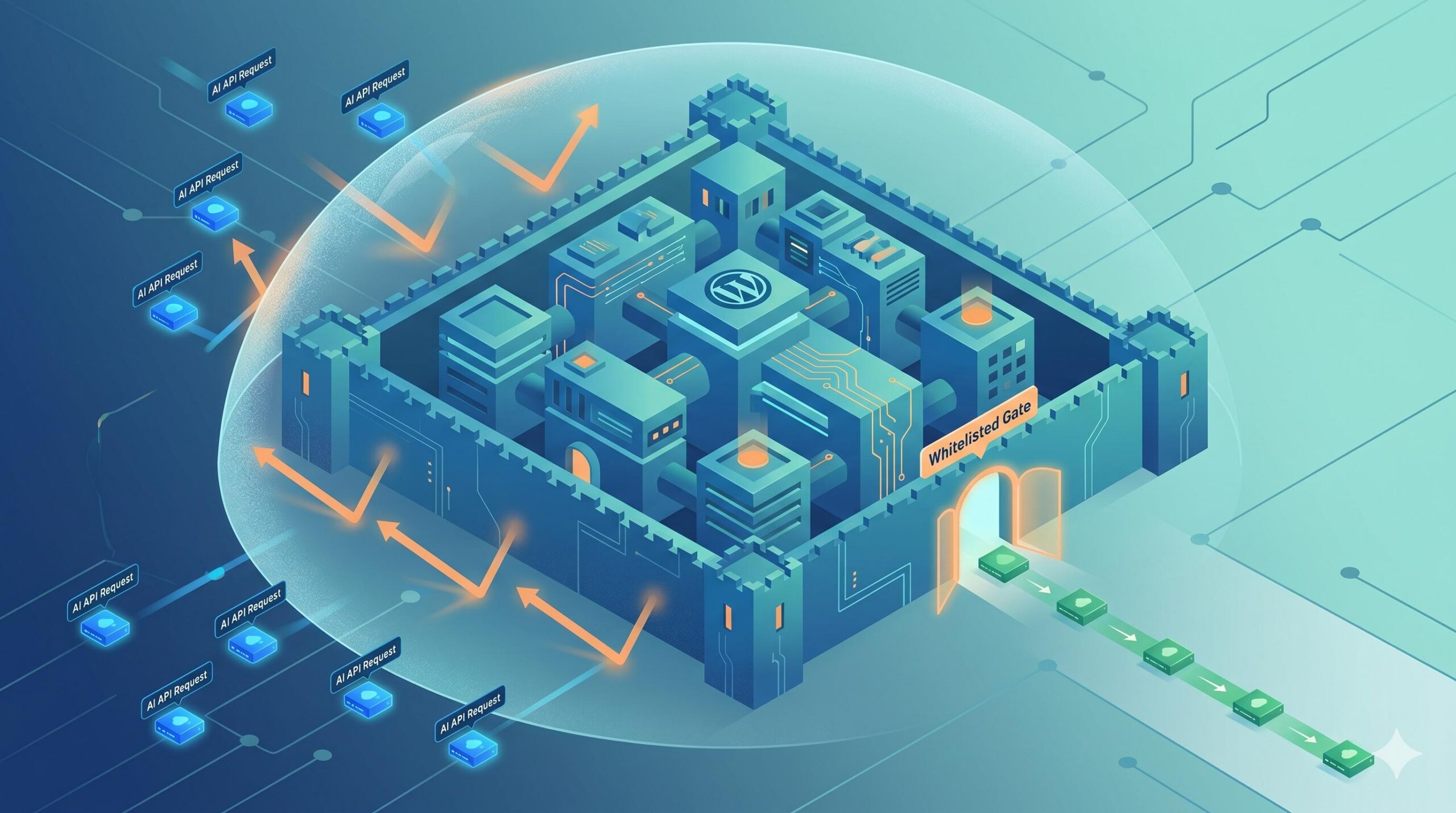 Isometric digital illustration of a security firewall blocking glowing data requests from an AI API.