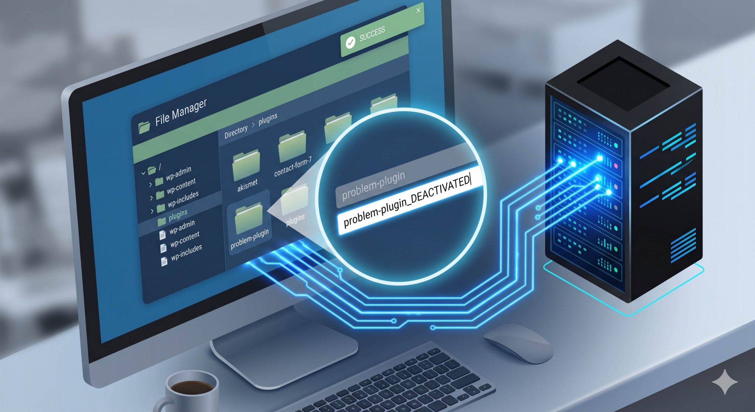 Isometric illustration showing how to rename a WordPress plugin folder in File Manager.