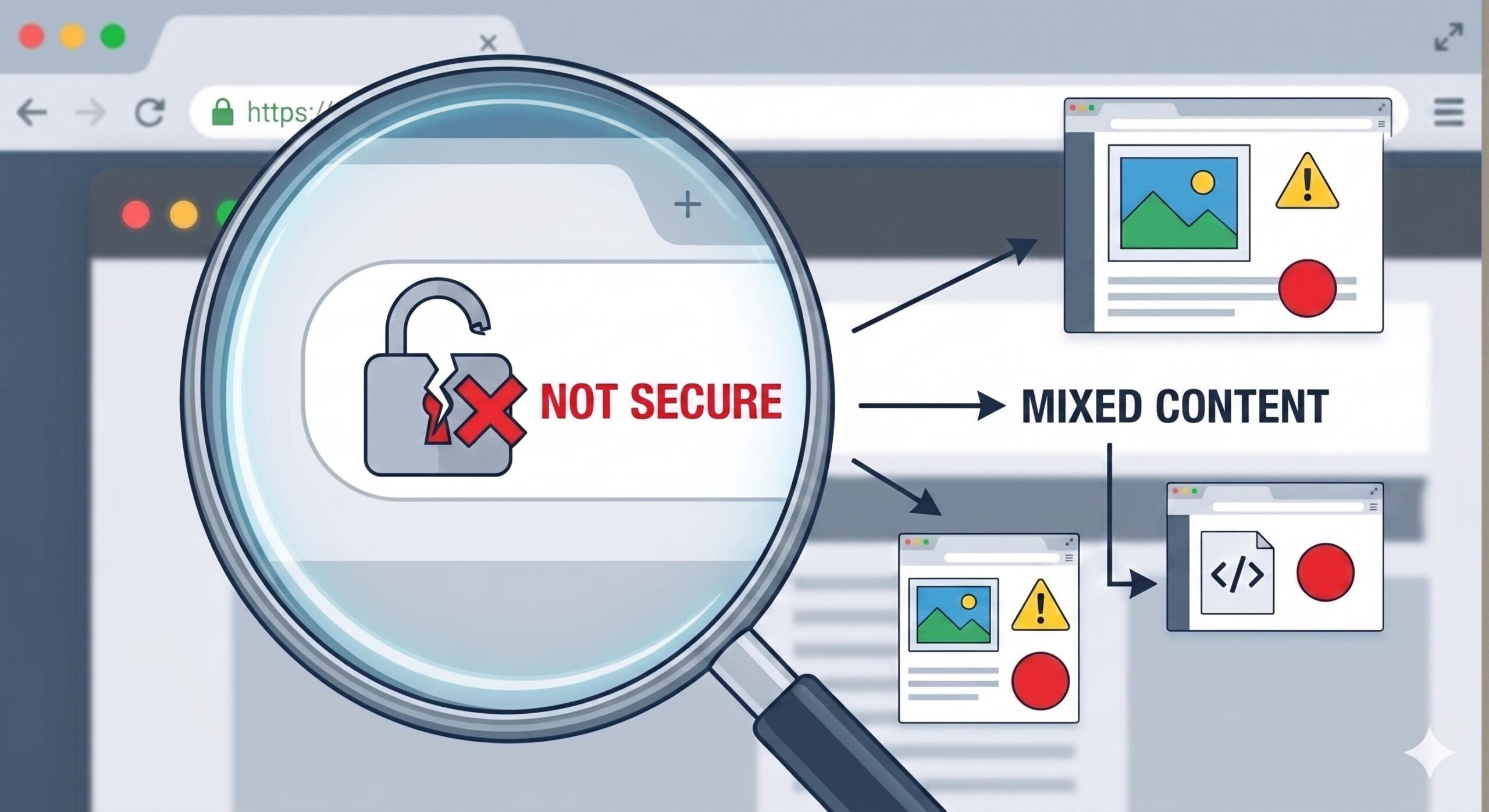 Magnified browser address bar showing a mixed content warning.