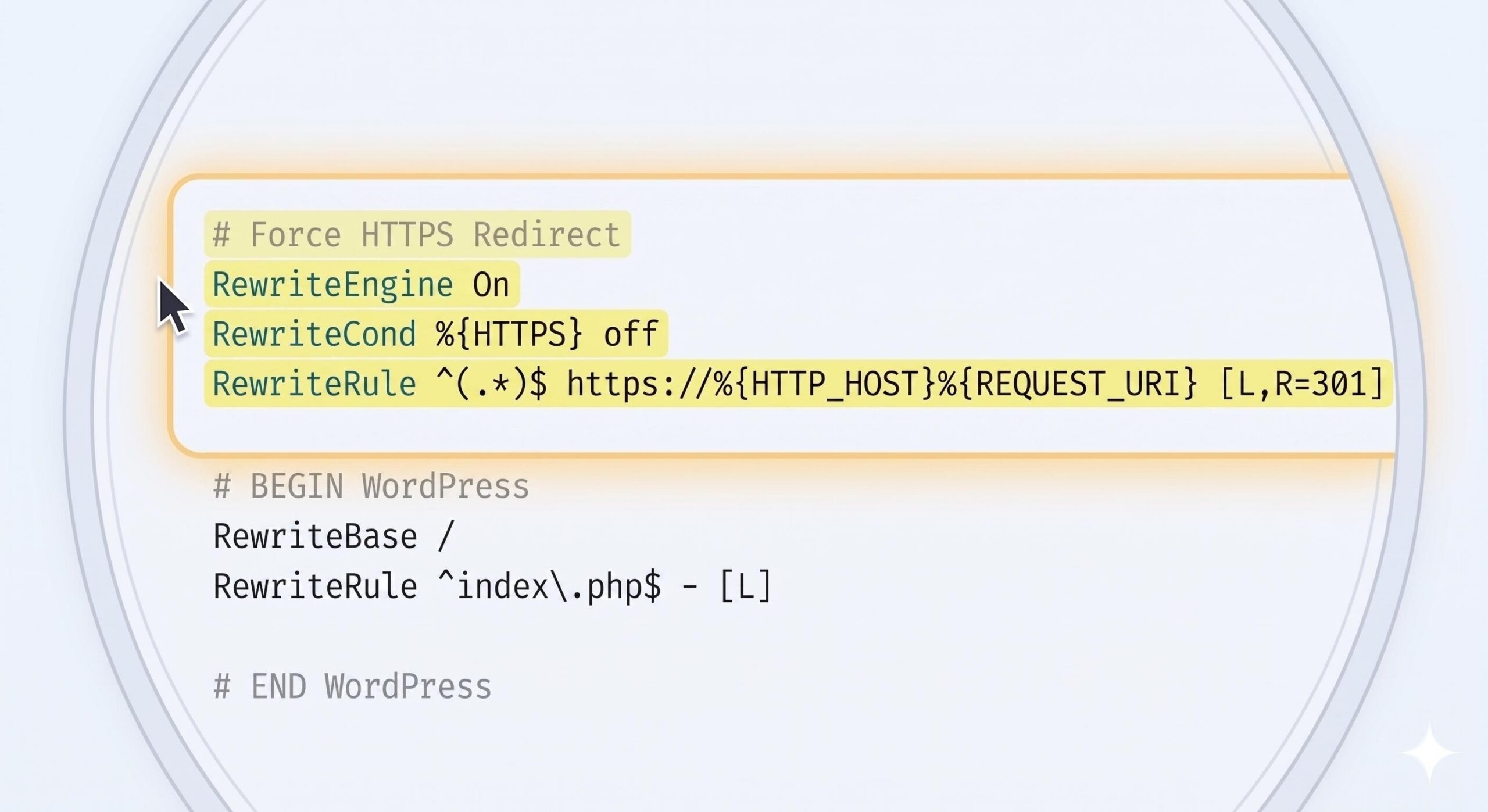 Magnified section of an .htaccess file with rewrite rules highlighted.
