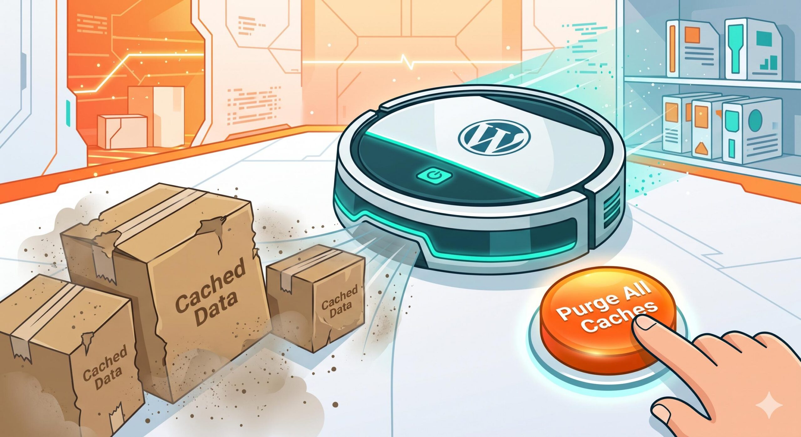 Modern vector illustration of a robotic vacuum cleaning up dusty boxes of cached data in a digital room.