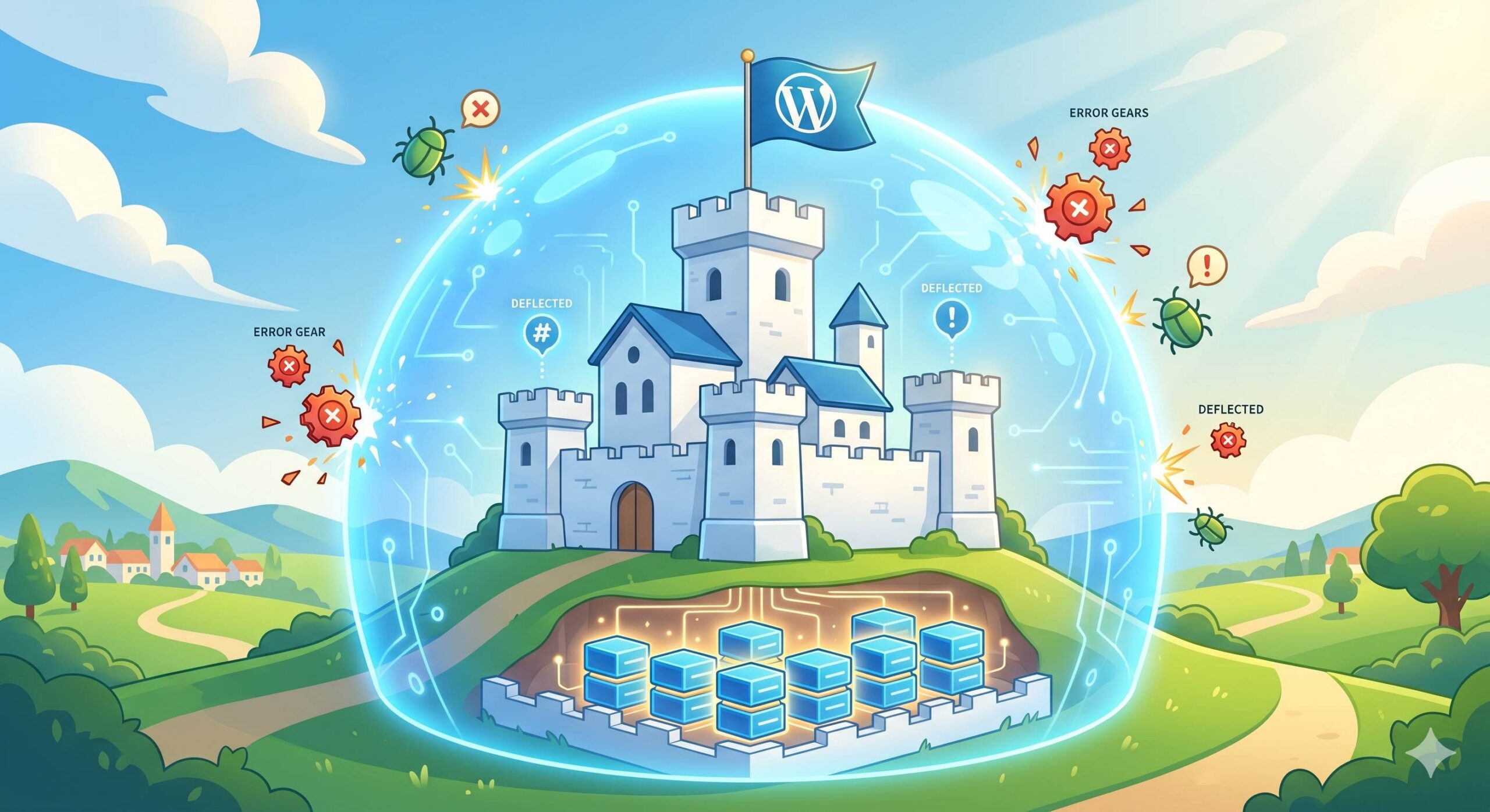 Reassuring illustration of a fortified WordPress site protected by a backup shield.