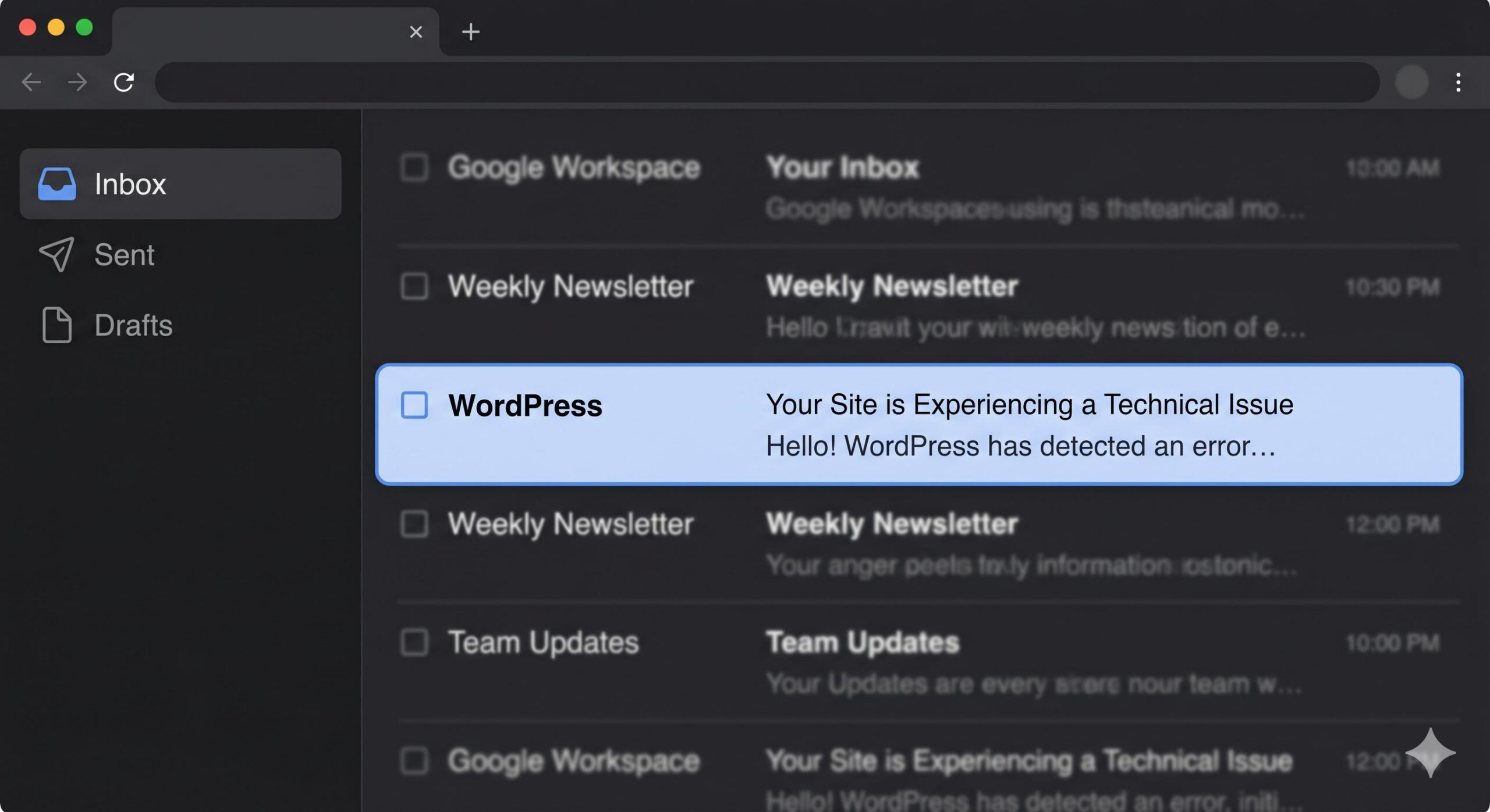 Screenshot of the official WordPress email notifying a site owner of a technical issue.