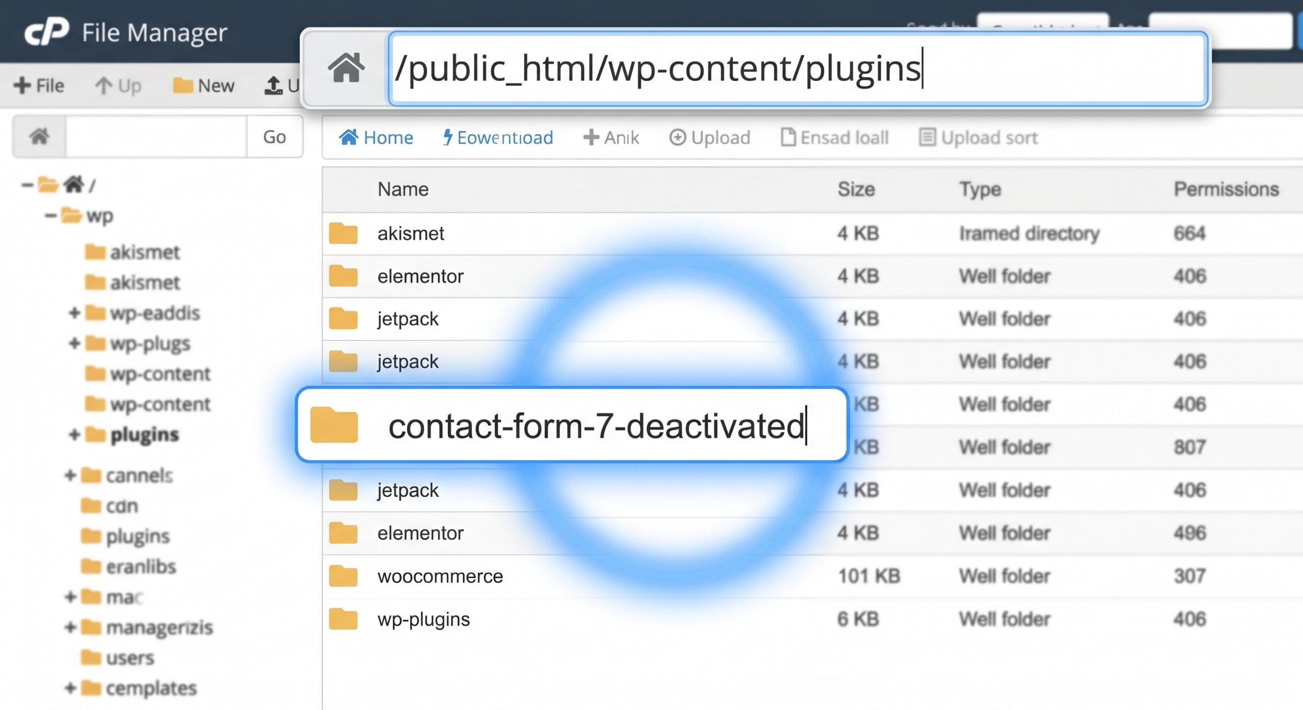 Screenshot showing how to rename a plugin folder to _deactivated_ within cPanel File Manager.