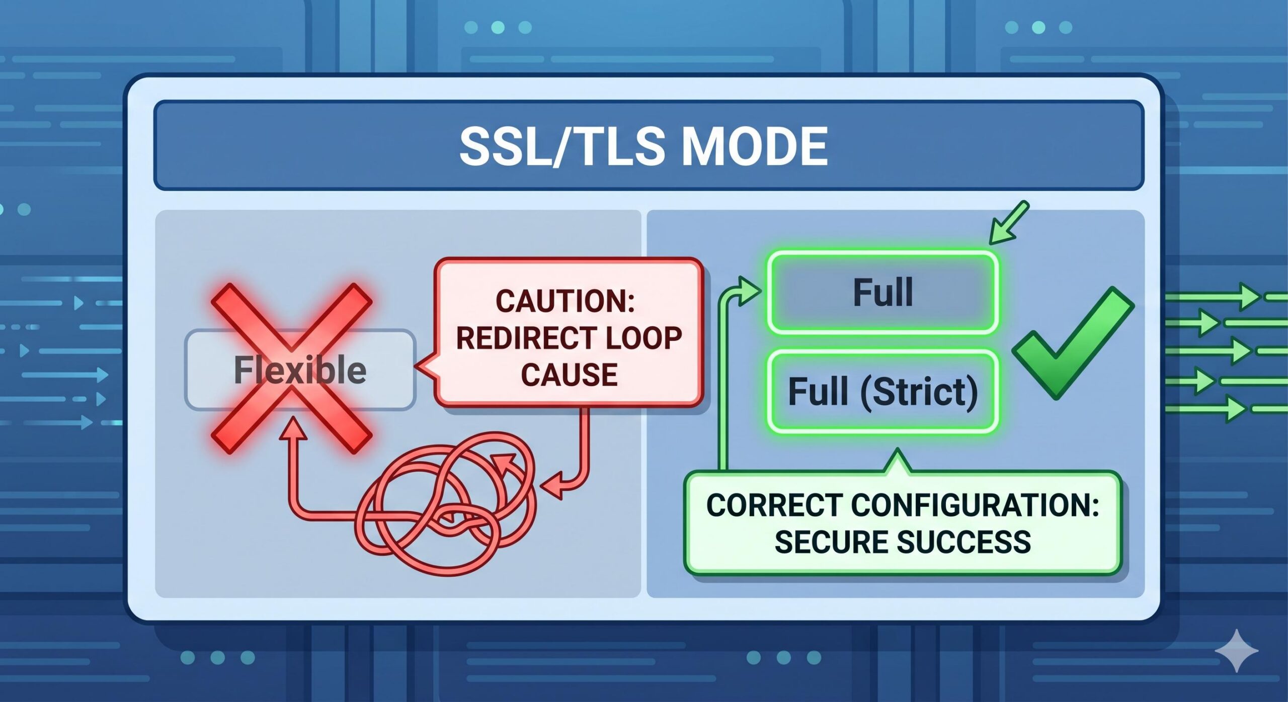 Simplified Cloudflare interface showing _Flexible_ SSL as the cause and _Full_ SSL as the fix for redirect loops