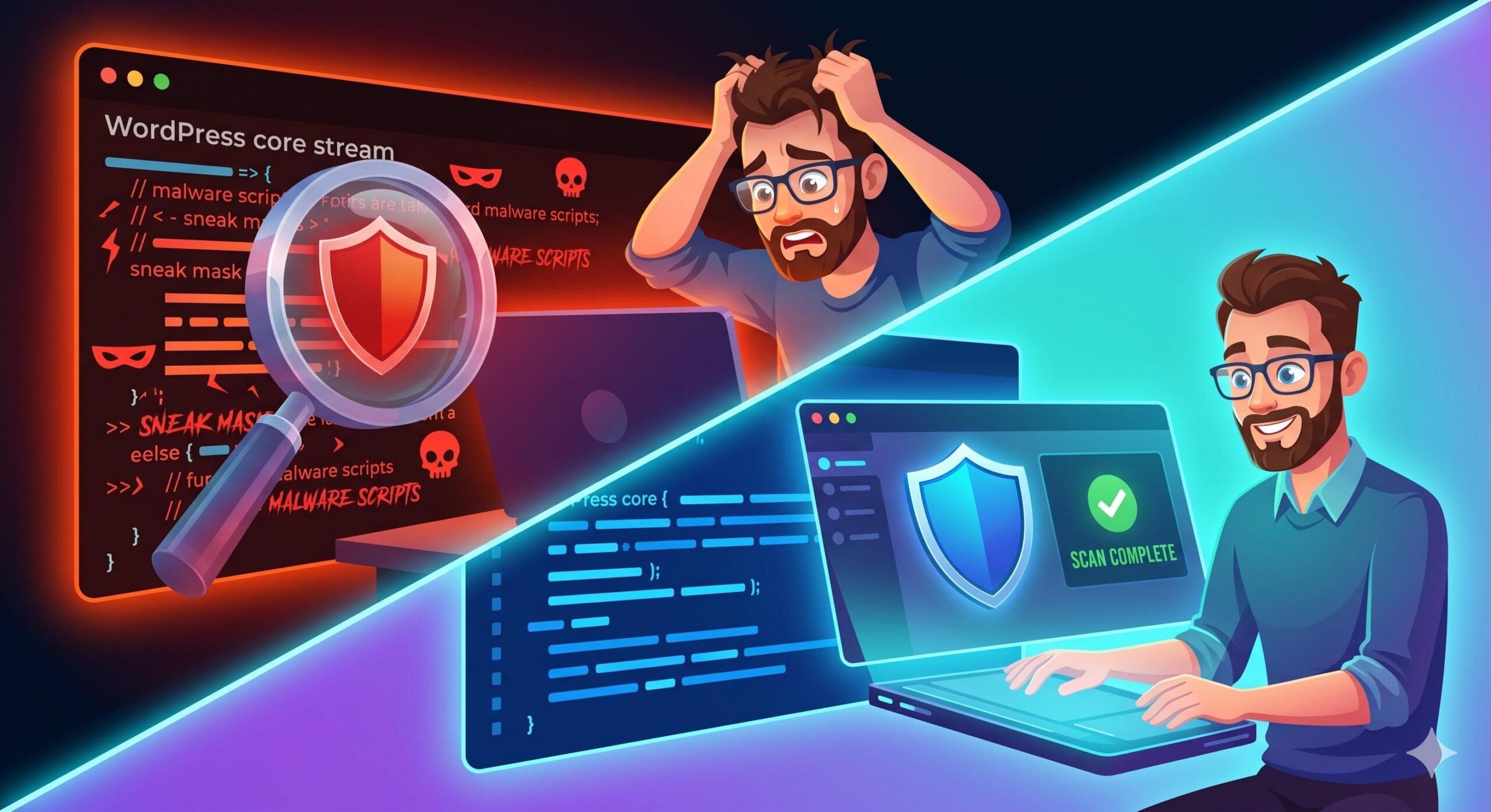 Stressed admin sees hidden malware revealed, then smiles with secure dashboard.