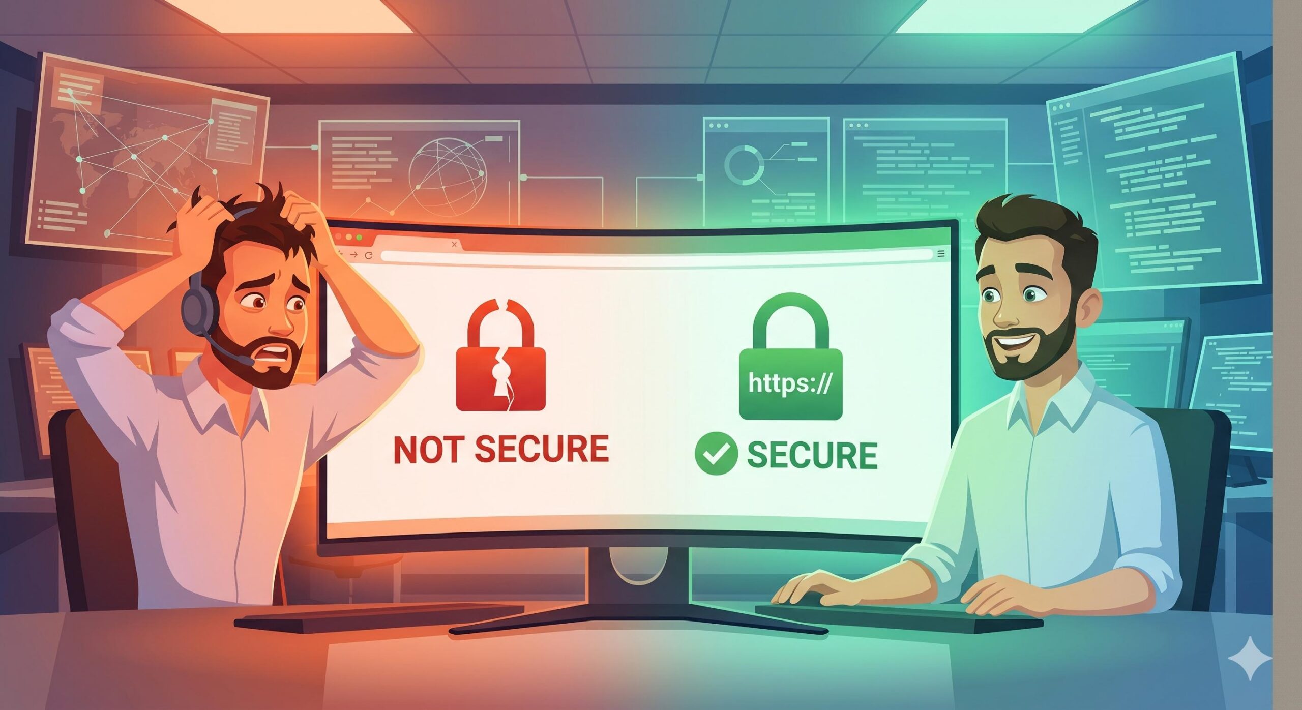 Stressed website admin sees not secure warning, then smiles at secure site.