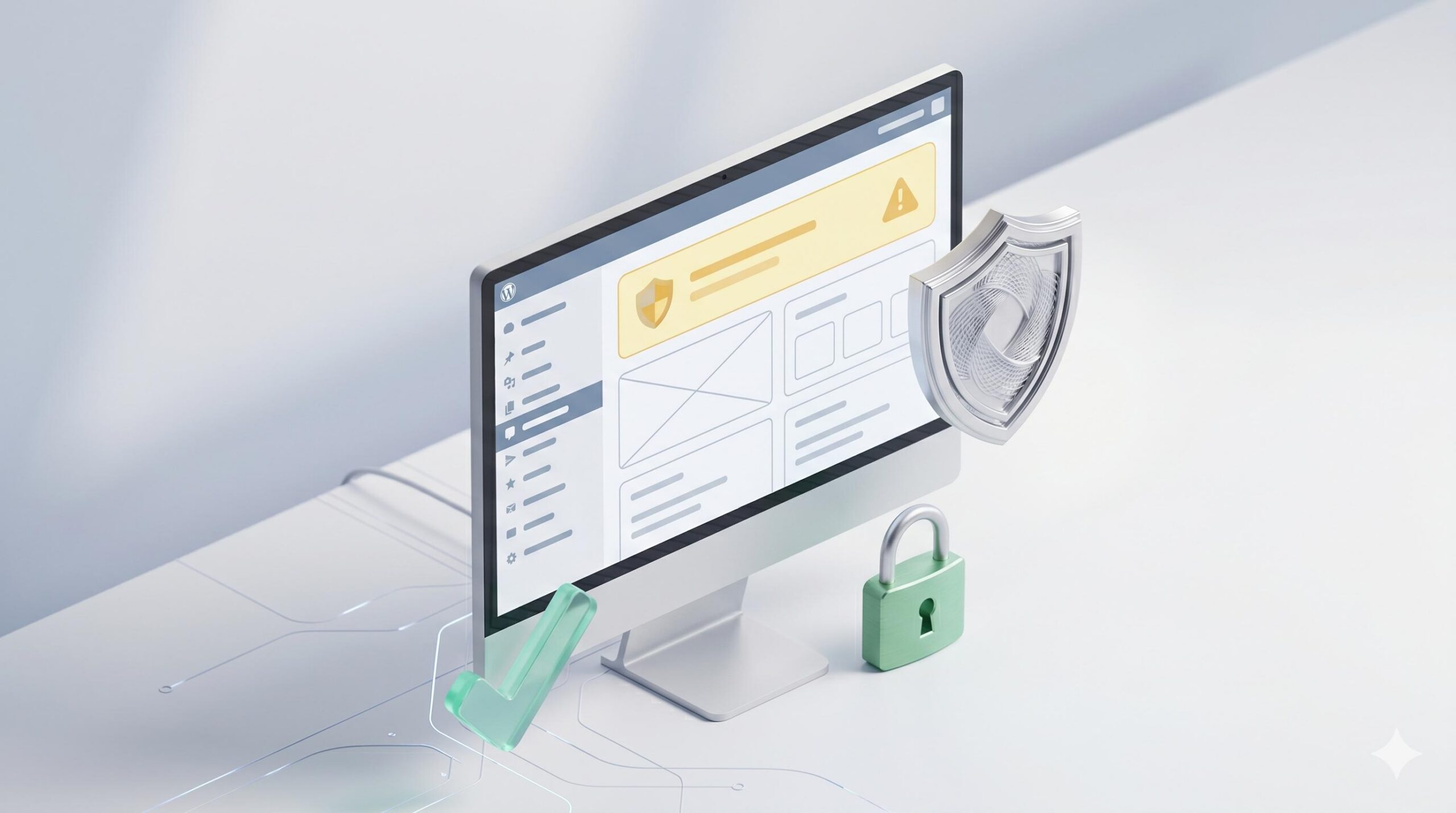 Stylized graphic of a WordPress dashboard showing a site health security notification.