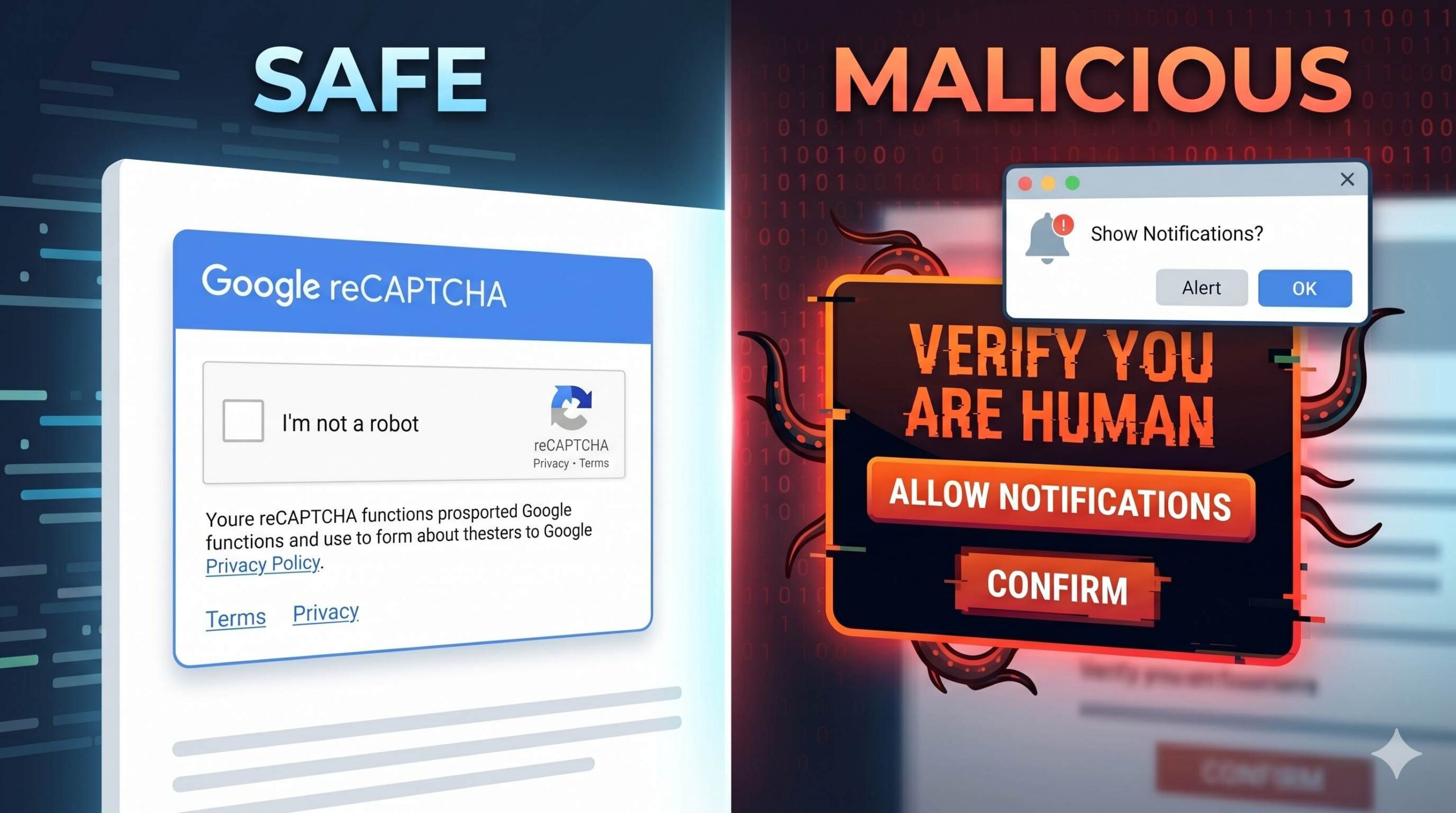 Visual comparison showing a real CAPTCHA design vs. the low-quality design of malware.